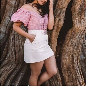 WAYF XL Faded Red Stripe Puff Sleeve Off Shoulder Corset Lace-Up Blouse Top NWT